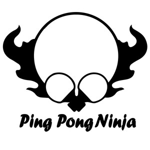 May include: Black and white graphic of a stylized face with a large circular head, two eye-like circles, and flame-like shapes on the sides. The text "Ping Pong Ninja" is written below the face in a cursive font.