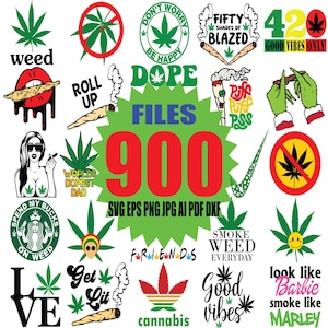 Puede incluir: Una colección de 900 archivos digitales para proyectos de manualidades con diseños de hojas de cannabis, lemas y frases como "Weed", "Dope", "Good Vibes Only" y "Smoke Weed Everyday". Los archivos están disponibles en los formatos SVG, EPS, PNG, JPG, AI, PDF y DXF.