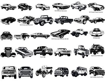 Puede incluir: Una ilustración en blanco y negro de varios modelos de coches clásicos y modernos, incluyendo un Shelby Mustang 1966, un Plymouth Barracuda 1970, un Pontiac Firebird Trans Am 1977, un Chevrolet Chevelle SS 454 1970, un Buick GSX 1970, un Ford F 250, un Toyota Tacoma TRD y un Jeep Compass.