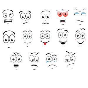 May include: A collection of cartoon faces with various expressions, including joy, anger, and sadness. Each face features large eyes, eyebrows, and a mouth, all in a simple black and white style. The expressions range from smiling to frowning, and crying.