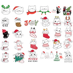 May include: A collection of Christmas-themed cat illustrations. The cats are depicted with festive accessories like Santa hats, scarves, and reindeer antlers. Some images include text such as "Merry Catmas" and "All I want for Christmas is one more cat."