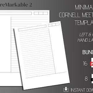 Peut inclure: Un lot de 16 modèles de prise de notes de type Cornell imprimables en PDF et 8 en PNG pour la tablette reMarkable 2. Les modèles sont conçus pour les utilisateurs gauchers et droitiers. Le texte "MINIMALIST CORNELL MEETING TEMPLATES" est affiché dans le coin supérieur droit de l'image.