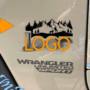 Decal that fits Jeep side badge logo - Mountains, hiker, dog, evergreen trees. Multiple color options. 1 order = 2 decals.