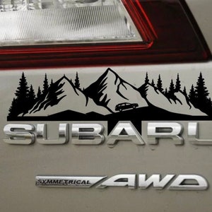 Subaru logo decal. Mountain and evergreen tree themed. Outback and Forester options. 4 designs to choose from. 1 order = 2 decals.