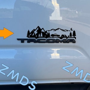 Tacoma 2nd/3rd/4th gen mountain, evergreen, truck, and  tent camping decal. Badge fit or regular decal. 1 order = 2 decals.