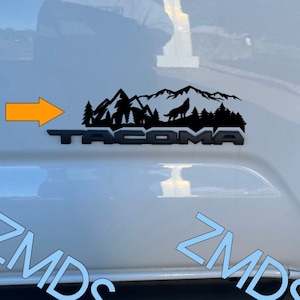 Tacoma 2nd/3rd/4th Generation side badge decal, Mountain, trees, and animal design. (moose, wolf, elk, deer, OR bear). 1 order = 2 decals