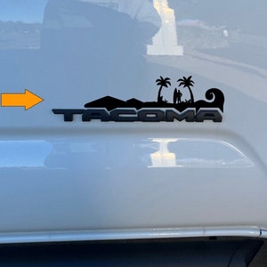 Tacoma 2nd/3rd/4th gen beach, palm tree, wave, surfer, beach chair and optional truck vinyl decal design for side badge or regular decal
