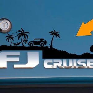 Toyota FJ cruiser badge decal, Beach theme with ocean wave, palm tree, hammock, surfer, or beach chairs. Multiple color options.