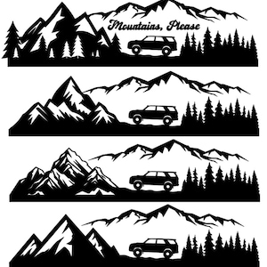Toyota 4Runner decal, mountain and tree theme, 4 different mtn designs and 5 different 4runner designs. Phrase option available!