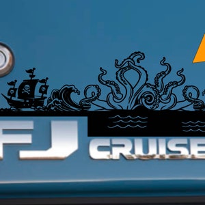 FJ cruiser Kraken, pirate ship, ocean wave themed decal to fit rear badge. Multiple color options. Customization available. 1 order=2 decals
