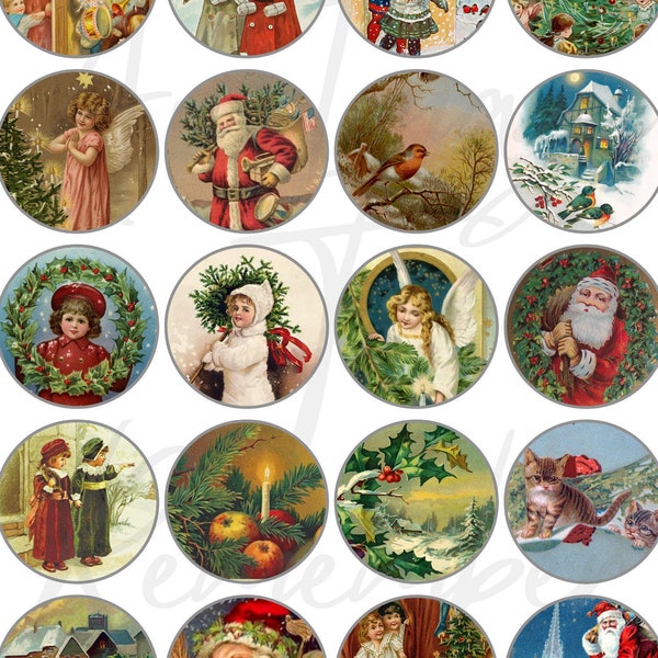 Digital Christmas Gift Tags, 20 Printable Vintage Circles,  Instant Download, Christmas Images, Holiday Clip Art, Ephemera, Circle Label