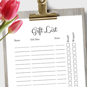 Lista regalo minimalista digitale, lista della spesa, lista di idee regalo di base per ogni occasione, download immediato, stampabile 8,5 x 11