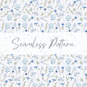 Puede incluir: Un patrón sin costuras con delicadas flores azules y blancas y hojas verdes sobre un fondo blanco. El texto "Seamless Pattern" se muestra en el centro de la imagen.