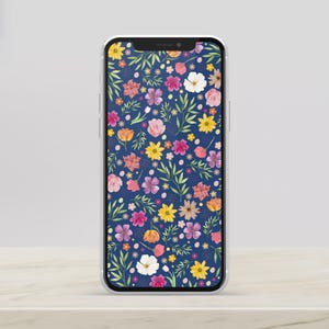 Helle bunte Blumen Wallpaper für iPhone, sofortiger digitaler Download, Frühlingsblumen auf blauem Hintergrund für Home-Bildschirm und Sperrbildschirm