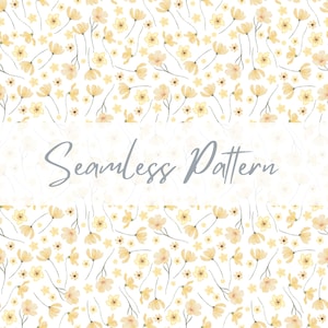 Puede incluir: Un patrón sin costuras con delicadas flores amarillas con tallos delgados sobre un fondo blanco. El texto "Seamless Pattern" se muestra en una pancarta en el medio de la imagen.