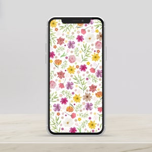 Helle bunte Blumen Wallpaper für iPhone, sofortiger digitaler Download, Frühlingsblumen auf weißem Hintergrund für Home-Bildschirm und Sperrbildschirm