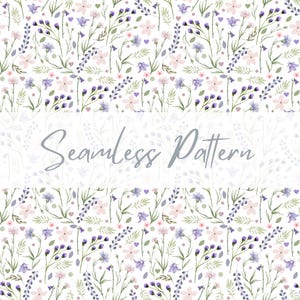 Puede incluir: Un patrón sin costuras con fondo blanco y un diseño repetitivo de pequeñas flores rosas y moradas, hojas verdes y capullos de flores azules y moradas. El texto "Seamless Pattern" está centrado en el medio de la imagen.