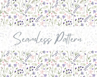 ピンクと紫の水彩画の花柄シームレスパターン、白背景、野生の花と葉、即時ダウンロード、デジタルファイル
