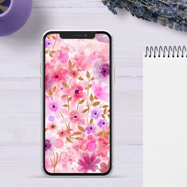 Bright Watercolor Flower Blur Digital Wallpaper for iPhone, Shades of Pink Purple and Lilac, Floral Home Screen for Phone, Instant Download