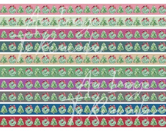May include: A digital pattern sheet featuring ten horizontal rows of repeating watercolor-style Christmas trees and wreaths. Each row displays a unique solid background color, including pink, light green, magenta, teal, tan, green, purple, gray, blue, and red.