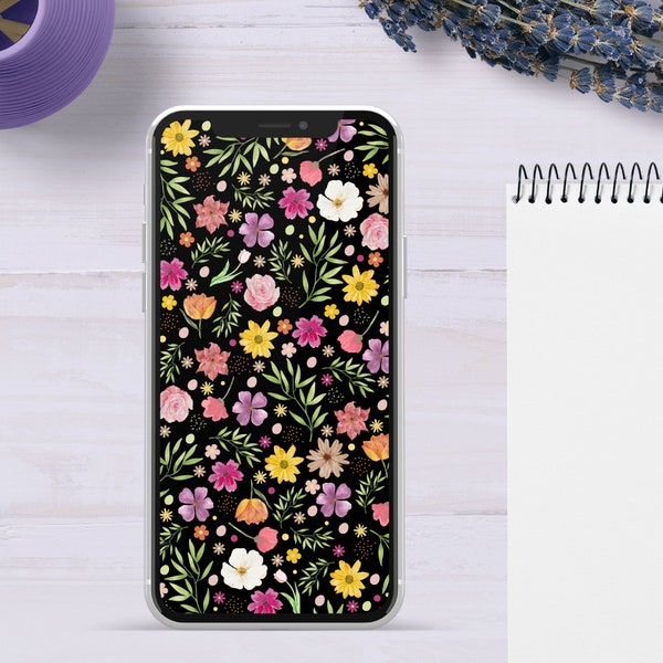 Bright Colourful Flower Wallpaper for iPhone, Instant Digital Download, Spring Flowers on Black Background for Home Screen and Lock Screen