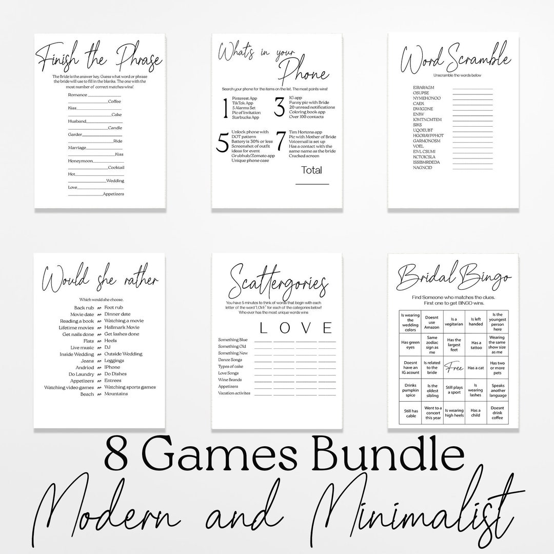 Bridal Shower Games Bundle Modern and Minimalist, Instant Download