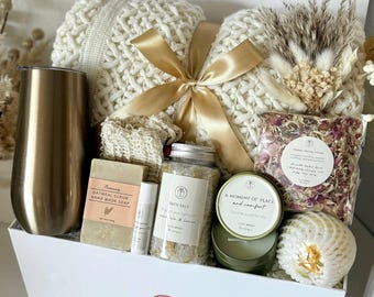 Hygge Gift Box, Self Care Box, SPA Gift Basket For Women with Tumbler Blanket, Handmade SPA Care Package For Her, Thank You Gift Box Idea