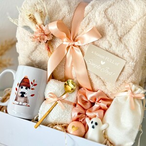 May include: A gift set in a white box, featuring a cream-colored blanket tied with a peach ribbon, a mug with a cartoon character, a gold spoon, and a small candle. The set includes a tag that reads "a Season FULL of Simple Joys!" and the text "Set 2".
