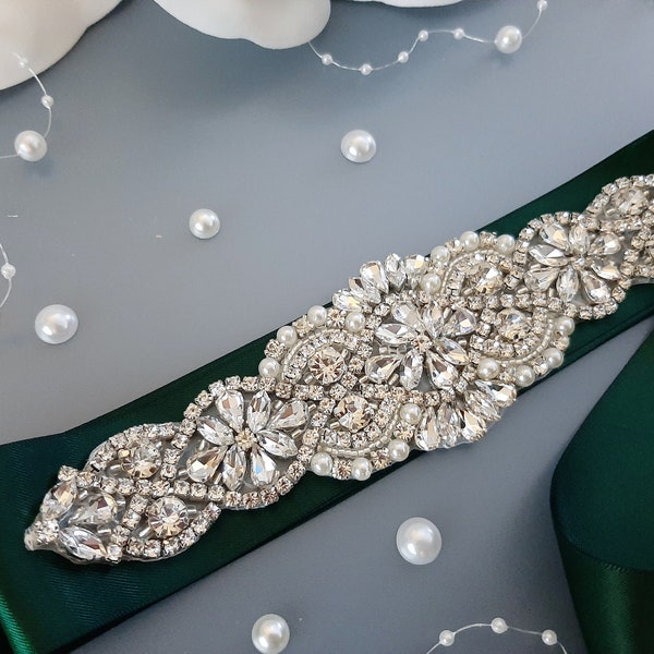 Hunter Green Bridal Belt, Wedding Dress Belt, Rhinestone Belt, Bridal Sash, Sash Belt, Dark Green Sash, Wedding Pearl Crystal Wide Sash