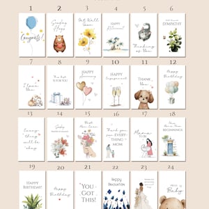 May include: A collection of twenty-four rectangular greeting cards arranged in a grid, each featuring unique illustrations and text for various occasions including birthdays, weddings, sympathy, and congratulations, presented on a light background.