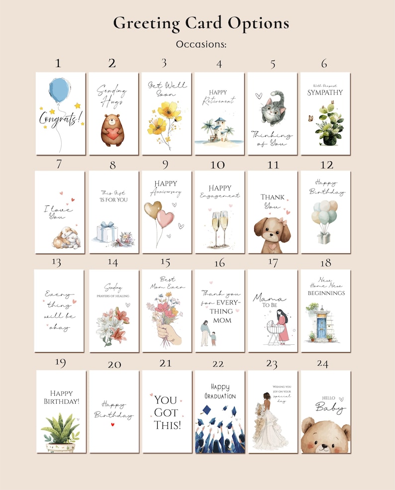May include: A collection of twenty-four rectangular greeting cards arranged in a grid, each featuring unique illustrations and text for various occasions including birthdays, weddings, sympathy, and congratulations, presented on a light background.