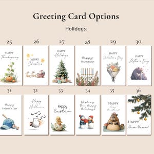 May include: A collection of twelve rectangular greeting cards labeled 25 through 36, featuring various holiday illustrations and text including Happy Thanksgiving, Merry Christmas, Happy Holidays, Happy Hanukkah, Happy Valentine's Day, Happy Mother's Day, Happy Father's Day, Happy Halloween, Happy Easter, Wishing You Happy Holidays, Happy Capy Christmas, and Happy New Year.