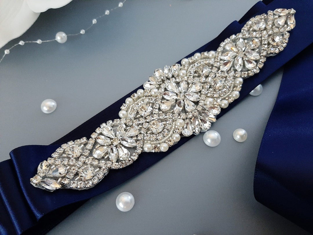 Navy Blue Bridal Belt, Wedding Dress Belt, Rhinestone Belt, Bridal Sash