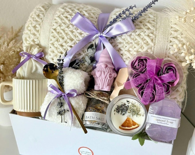 Featured listing image: Sending Love Hygge Gift Basket for Her, Gifts for Women, Spa Self Care Gift Box, Hug in a Box, Gift Box for Mom with Blanket Mug Candle