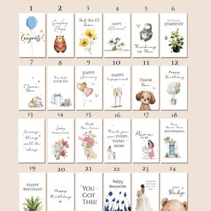 May include: A collection of twenty-four rectangular greeting cards arranged in a grid, each featuring unique illustrations and text for various occasions including birthdays, weddings, sympathy, and congratulations, presented on a light background.