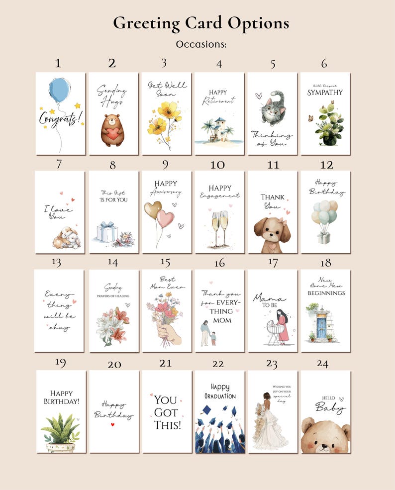 May include: A collection of twenty-four rectangular greeting cards arranged in a grid, each featuring unique illustrations and text for various occasions including birthdays, weddings, sympathy, and congratulations, presented on a light background.