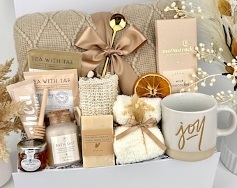 Gift Basket for Women, Cozy Self Care Gift Box, Care Package for Her, Handmade SPA Gift Basket, Tea & Blanket Gift, Thank You Hygge Gift