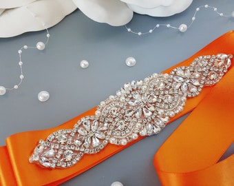 Orange Wedding Dress Belt, Bridal Belt, Bridal Sash, Wide Sash Belt, Bridal Belt Sash, Rhinestone Belt Flower Girl Sash Evening Prom Fall