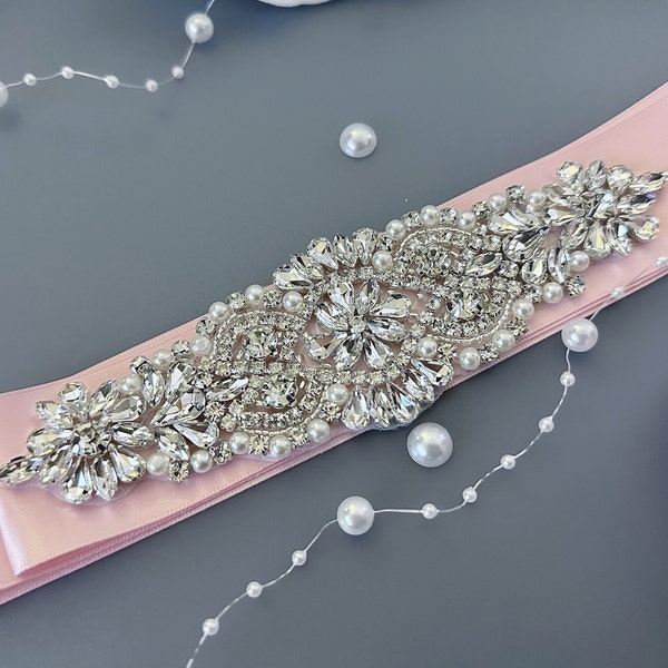 Wedding Dress Belt, Blush Pink Wedding Belt, Pink Bridal Belt, Rhinestone Belt, Wide Bridal Sash, Sash Belt, Bridal Belts And Sashes, Ribbon