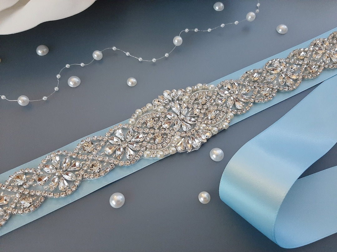 Light Blue Wedding Belt, Blue Bridal Sash, Crystal Bridal Belt, Bridal