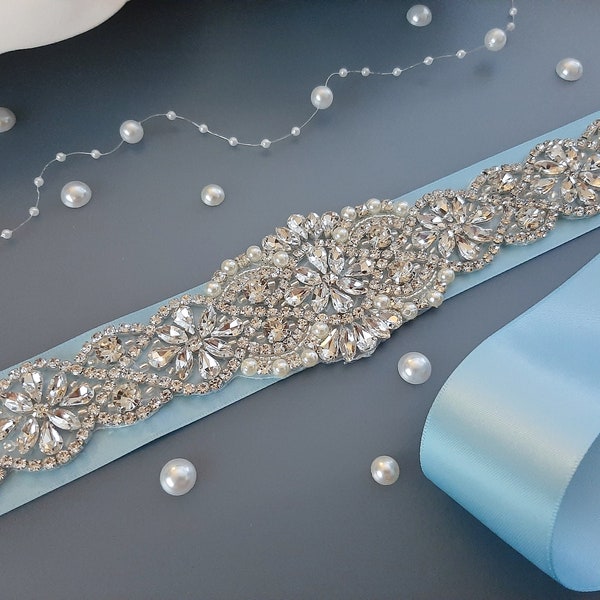 Light Blue Wedding Belt, Blue Bridal Sash, Crystal Bridal Belt, Bridal Belt, Wedding Dress Belt, Wedding Sash Rhinestone Prom Belt Silver