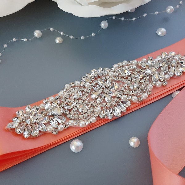 Wedding Dress Belt, Coral Wedding Belt, Bridal Belt, Rhinestone Belt, Wide Bridal Sash Belt, Flower Girl Bridesmaid Belt