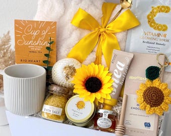 Sunshine Gift Basket for Her, Self Care Gift Box, Get Well Soon, Birthday Gift for Women Sunflower Blanket Candle Spa Set Thinking of You