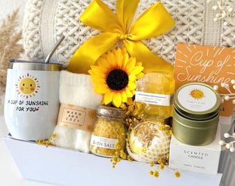 Sunshine Gift Box for Her, Self Care Gift Basket, Get Well Soon, Birthday Gift for Women, Sunflower Blanket Candle Spa Set, Thinking of You