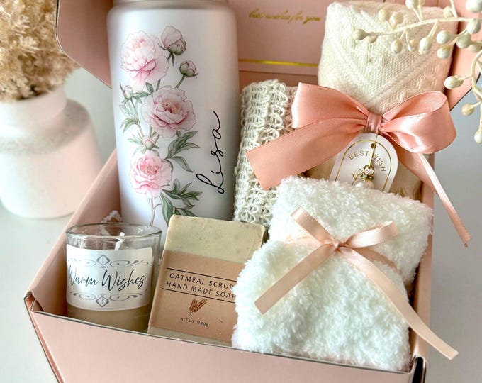 Featured listing image: Birthday Gift Box for Her, Personalized Birthday Gift Basket Set for Daughter Mom Best Friend Sister Women Hug in a Box Happy Birthday Hygge