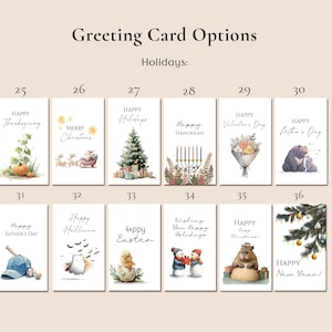 May include: A collection of twelve rectangular greeting cards labeled 25 through 36, featuring various holiday illustrations and text including Happy Thanksgiving, Merry Christmas, Happy Holidays, Happy Hanukkah, Happy Valentine's Day, Happy Mother's Day, Happy Father's Day, Happy Halloween, Happy Easter, Wishing You Happy Holidays, Happy Capy Christmas, and Happy New Year.