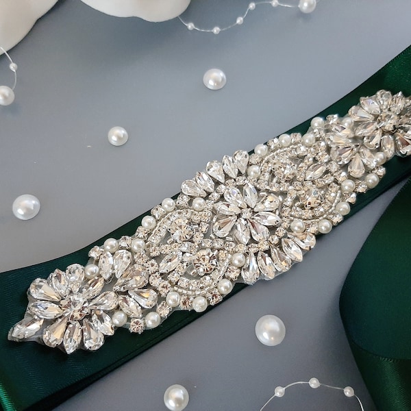 Wedding Dress Belt, Hunter Green Wedding Belt, Bridal Belt, Rhinestone Belt, Wide Bridal Sash Belt, Dark Green Flower Girl Bridesmaid Belt