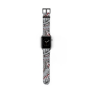 May include: A black and white patterned Apple Watch band with red accents. The band features a tribal design.