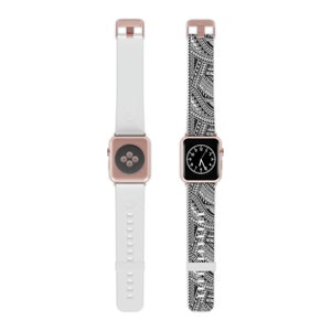 May include: Two Apple Watch bands, one white and one black and white with a geometric pattern. The watch bands are shown on a white background.