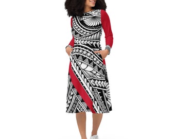 Polynesian Tribal Print Midi Dress: Long Sleeve Pocket Dress